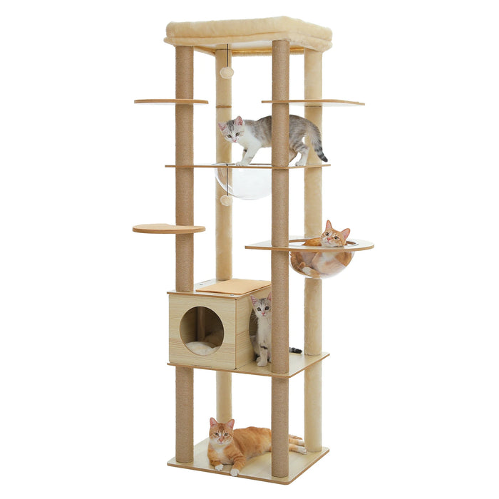 Arbre à chat en bois multi-niveaux — niche spacieuse et hamac